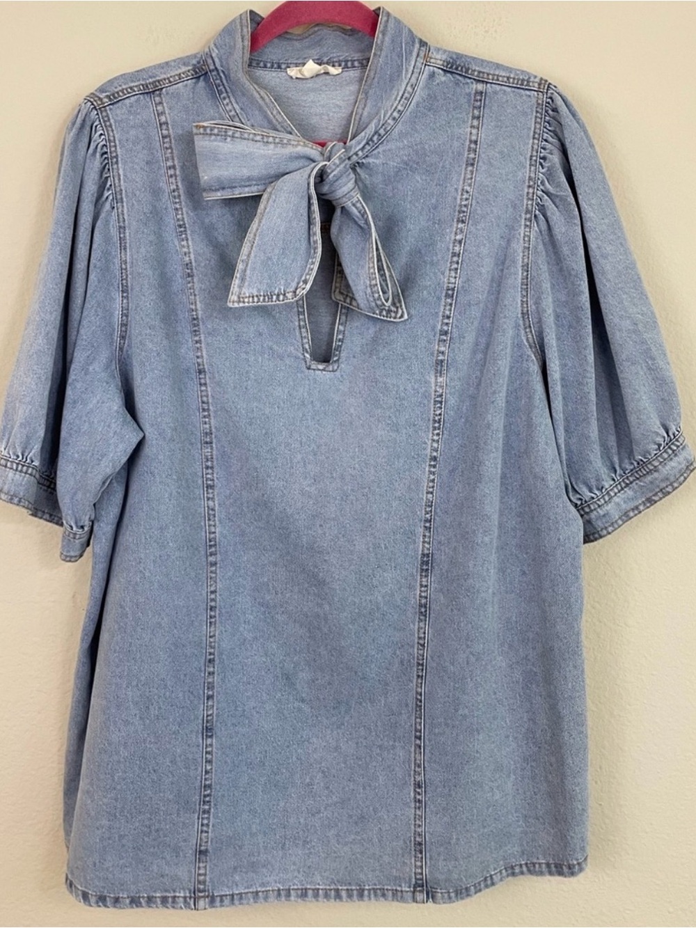 Entro Denim Tie-Neck Short Puff Sleeve Top Size XL
